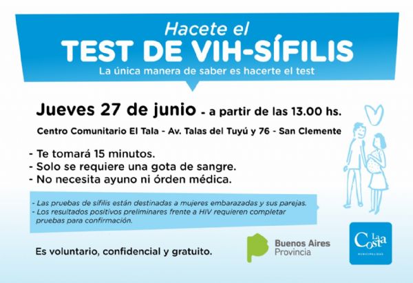 Se realizarán test gratuitos de detección de VIH y sífilis